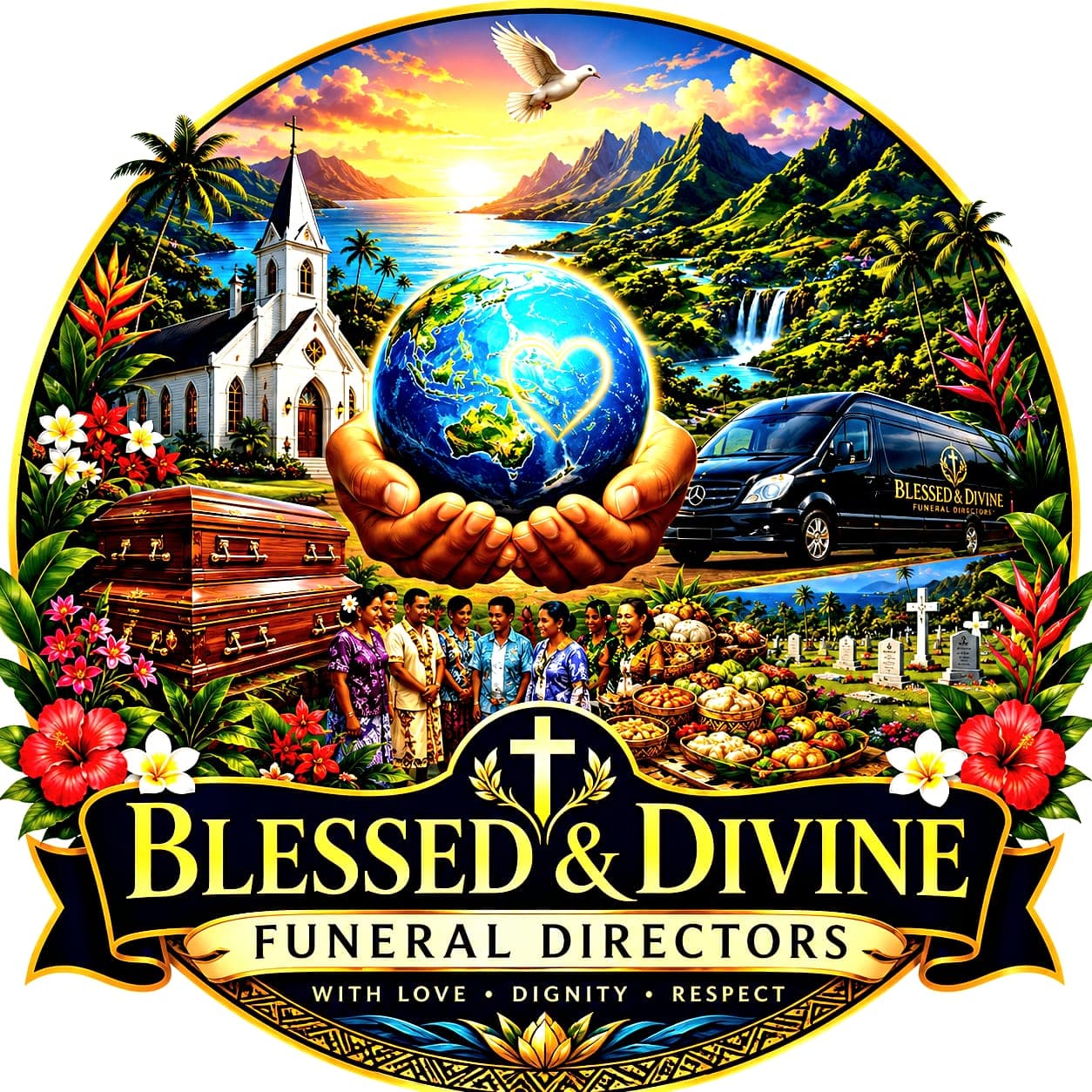 The Blessed & Divine crest: an island church, a Pacific family and a funeral coach gathered around the world held in cupped hands.